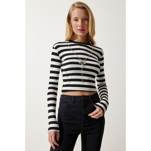 Happiness İstanbul Women's Black and White Detachable Necklace Striped Crop Knitted Blouse obraz