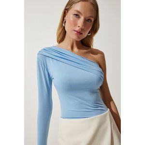 Happiness İstanbul Women's Sky Blue One-Shoulder Gathered Detailed Knitted Blouse obraz