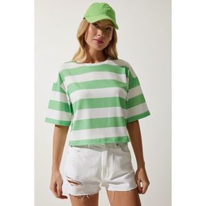 Happiness İstanbul Women's White Green Crew Neck Striped Crop Knitted T-Shirt obraz