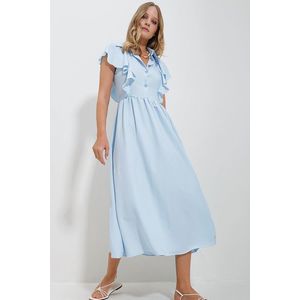 Trend Alaçatı Stili Women's Baby Blue Shirt Collar Half Pop Ruffle Detail Hidden Zipper Midi Length Dress obraz