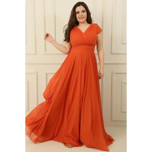 By Saygı Double Breasted Neck Lined Nail Sleeve Full Circle Flared Chiffon Tulle Plus Size Long Dress obraz