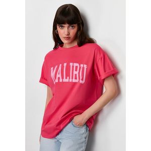 Trendyol Pink 100% Cotton City Motto Printed Oversize/Casual Fit Knitted T-Shirt obraz