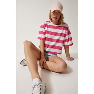 Happiness İstanbul Women's White Pink Crew Neck Striped Crop Knitted T-Shirt obraz