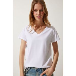 Happiness İstanbul Women's White V Neck Basic Knitted T-Shirt obraz