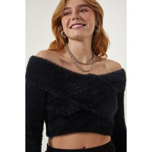Happiness İstanbul Women's Black Cross Neck Bearded Crop Knitwear Sweater obraz
