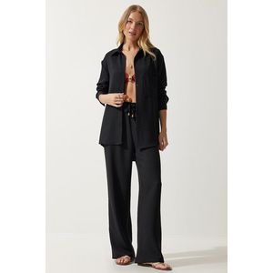 Happiness İstanbul Women's Black Oversize Shirt Wide Trousers Suit obraz