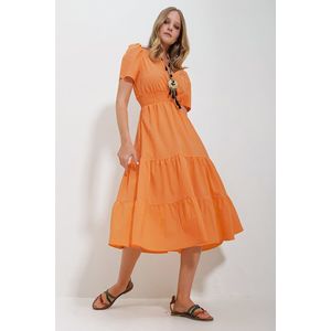 Trend Alaçatı Stili Women's Orange Double Breasted Waist Gimped Walloon Woven Poplin Dress obraz