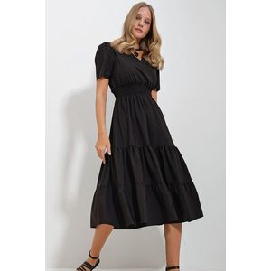 Trend Alaçatı Stili Women's Black Double Breasted Waist Guiped Flounced Woven Poplin Dress obraz