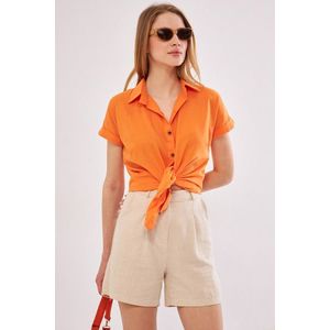 armonika Women's Orange Short Sleeve Linen Shirt obraz