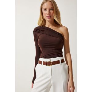Happiness İstanbul Women's Brown One-Shoulder Gathered Detailed Knitted Blouse obraz