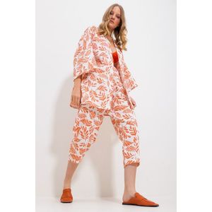 Trend Alaçatı Stili Women's Orange Patterned Kimono With Jacket And Trousers Linen Woven Bottom Top Suit obraz