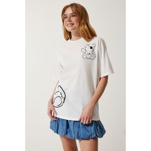 Happiness İstanbul Women's White Printed Oversize Knitted T-Shirt obraz