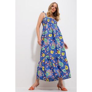 Trend Alaçatı Stili Women's Saxe Blue Strap Skirt Flounce Floral Pattern Gimped Woven Dress obraz