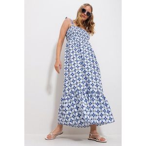 Trend Alaçatı Stili Women's Blue Strap Skirt Flounce Floral Pattern Gimped Woven Dress obraz