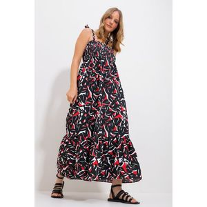 Trend Alaçatı Stili Women's Black Strap Skirt Flounce Floral Pattern Gimped Woven Dress obraz