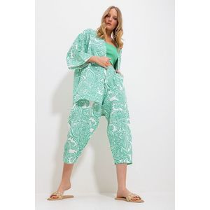 Trend Alaçatı Stili Women's Green Patterned Kimono With Jacket And Trousers Linen Woven Bottom Top Suit obraz