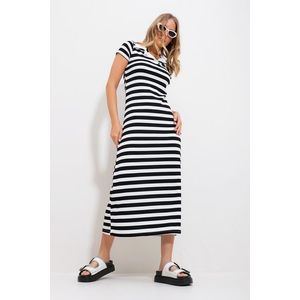 Trend Alaçatı Stili Women's Black Polo Neck Striped Maxi Length Dress obraz