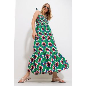 Trend Alaçatı Stili Women's Green Strap Skirt Flounce Floral Pattern Gimped Woven Dress obraz