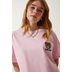 Happiness İstanbul Women's Light Pink Teddy Bear Crest Crop Knitted T-Shirt obraz