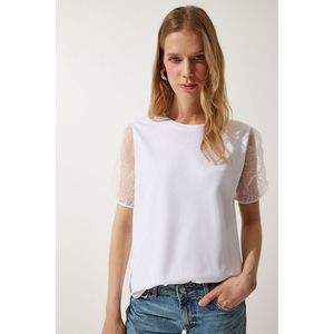 Happiness İstanbul Women's White Sleeve Tulle Detailed Knitted T-Shirt obraz