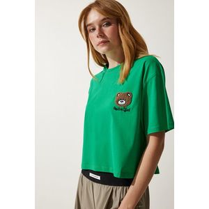Happiness İstanbul Women's Green Teddy Bear Crest Crop Knitted T-Shirt obraz