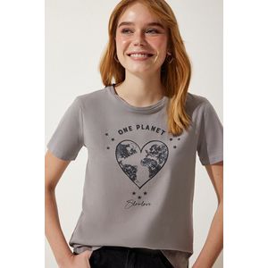 Happiness İstanbul Women's Gray Printed Knitted T-Shirt obraz