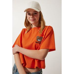 Happiness İstanbul Women's Orange Teddy Bear Crest Crop Knitted T-Shirt obraz