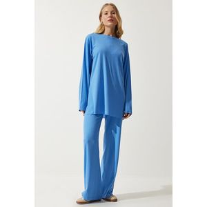 Happiness İstanbul Women's Sky Blue Ribbed Knitted Blouse Pants Suit obraz