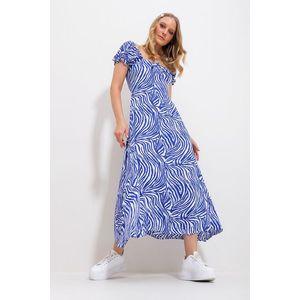 Trend Alaçatı Stili Women's Saxe Blue Square Neck Floral Pattern Woven Dress obraz