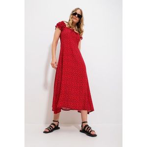Trend Alaçatı Stili Women's Red Square Neck Floral Pattern Woven Dress obraz