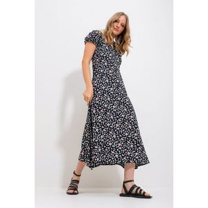 Trend Alaçatı Stili Women's Black Square Neck Floral Pattern Woven Dress obraz