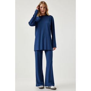 Happiness İstanbul Women's Navy Blue Ribbed Knitted Blouse Pants Suit obraz