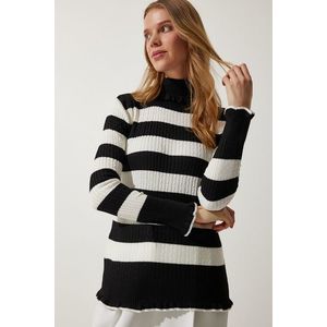 Happiness İstanbul Women's Black Ecru Turtleneck Frilly Striped Knitwear Sweater obraz