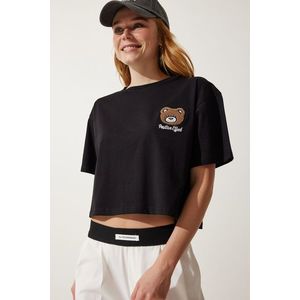 Happiness İstanbul Women's Black Teddy Bear Crest Crop Knitted T-Shirt obraz