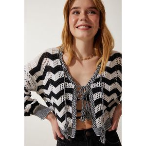 Happiness İstanbul Women's Cream Black Striped Openwork Seasonal Knitwear Cardigan obraz