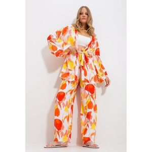 Trend Alaçatı Stili Dámský oranžový kimono kabátek a palazzo kalhotový kostým obraz