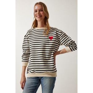 Happiness İstanbul Women's Cream Heart Detailed Striped Seasonal Sweatshirt obraz