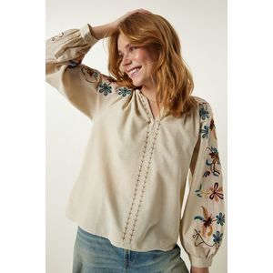 Happiness İstanbul Women's Cream Embroidery Detail Linen Blouse obraz