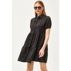 Olalook Women's Black Pieced Linen Content Shirt Dress obraz