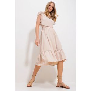 Trend Alaçatı Stili Women's Beige V-Neck Skirt Flounce Elastic Waist Woven Dress obraz