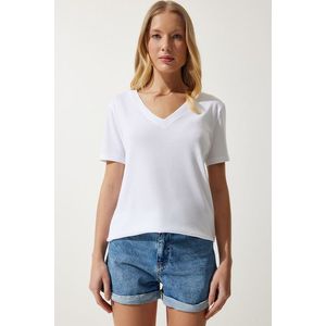 Happiness İstanbul Women's White V Neck Modal Knitted T-Shirt obraz
