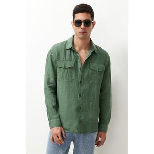Trendyol Dark Green Limited Edition 100% Linen Regular Fit Shirt obraz