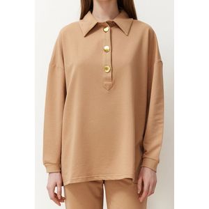 Trendyol Beige Polo Collar Gold Button Detailed Knitted Top and Bottom Set obraz