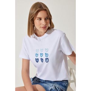 Happiness İstanbul Women's White Heart Embroidered Cotton T-Shirt obraz