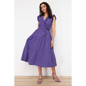 Trendyol Purple Belted A-line Double Breasted Collar Midi Woven Dress obraz
