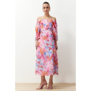 Trendyol Pink Floral Print A-line Carmen Collar Chiffon Lined Maxi Woven Dress obraz