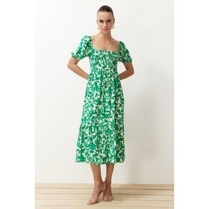 Trendyol Green Floral Skater Gown Neck Detailed Shally Midi Woven Dress obraz