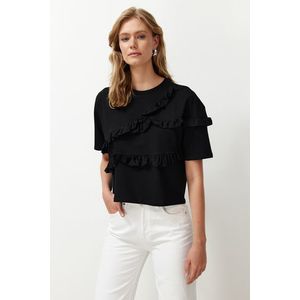 Trendyol Black 100% Cotton Ruffle Detailed Relaxed/Comfortable Fit Short Sleeve Knitted T-Shirt obraz