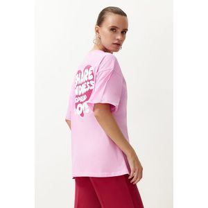 Trendyol Pink 100% Cotton Back and Front Heart Printed Oversize/Relaxed Fit Knitted T-Shirt obraz