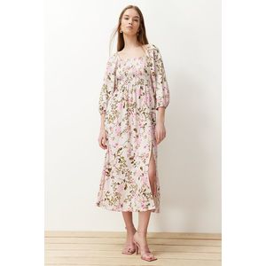 Trendyol Multi Color Floral Square Neck Balloon Sleeve Gathered Ribbed Flexible Knitted Maxi Dress obraz